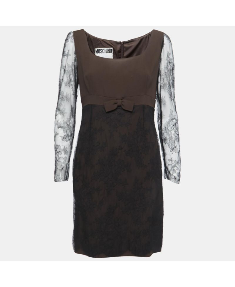 Women's Couture Black & Brown Crepe Mini Dress with Lace Bow Detail
