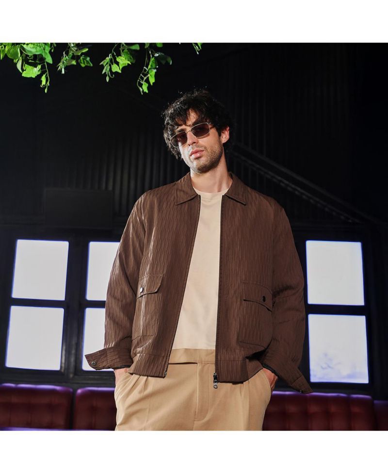 Men's Chocolate Brown Zip-Front Crease-Tactile Jacket