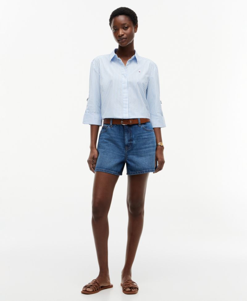 Women's Cropped Collared Roll-Tab Cotton Shirt