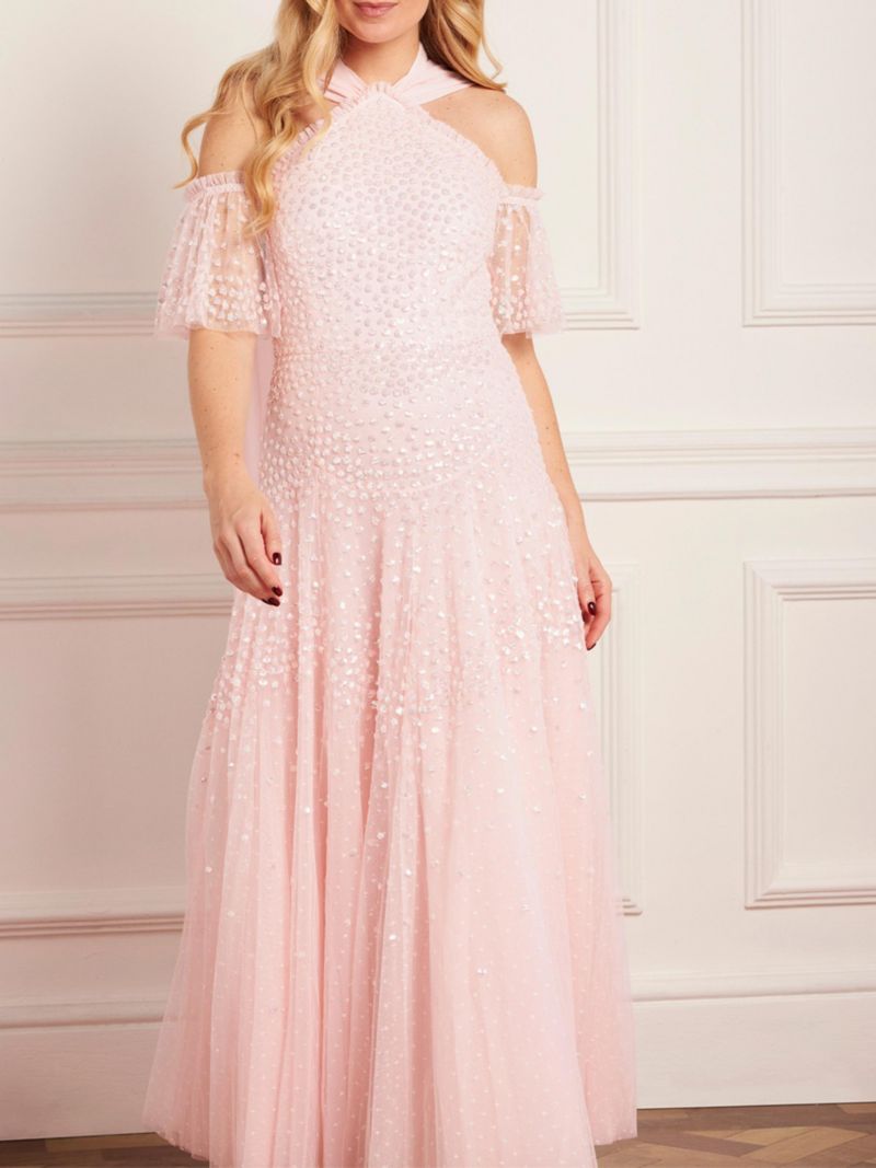 Women's Scallop Sequin Halter-Neck Ankle Gown