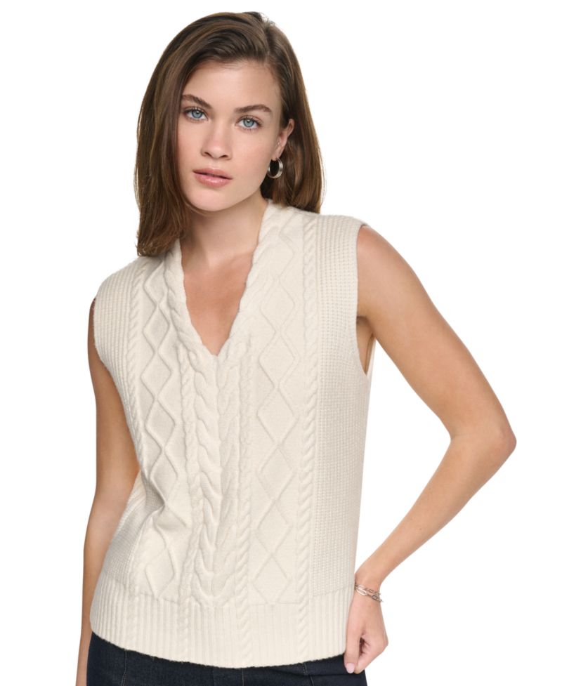 Women's Cable-Knit V-Neck Hi-Low Sweater