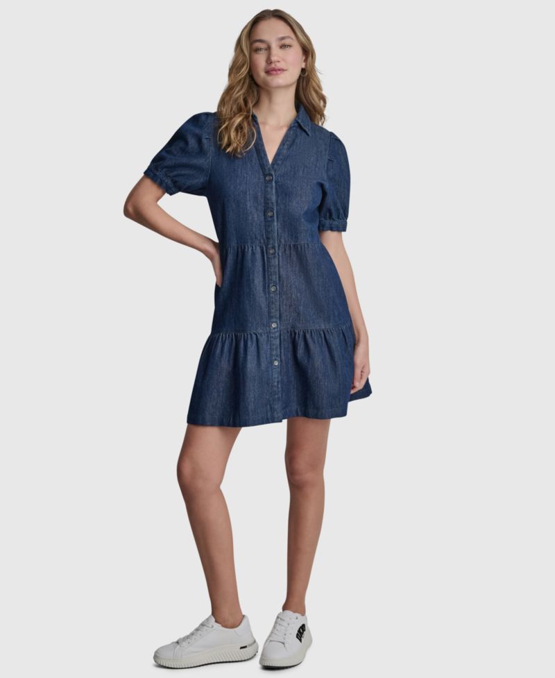 Women's Tiered Puff-Sleeve Collared Denim Cotton Mini Shirt-Dress