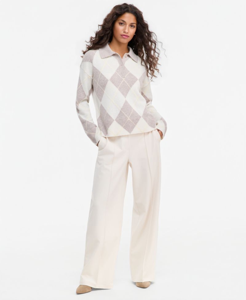 petite 100% Cashmere Argyle Oversized-Collar Sweater