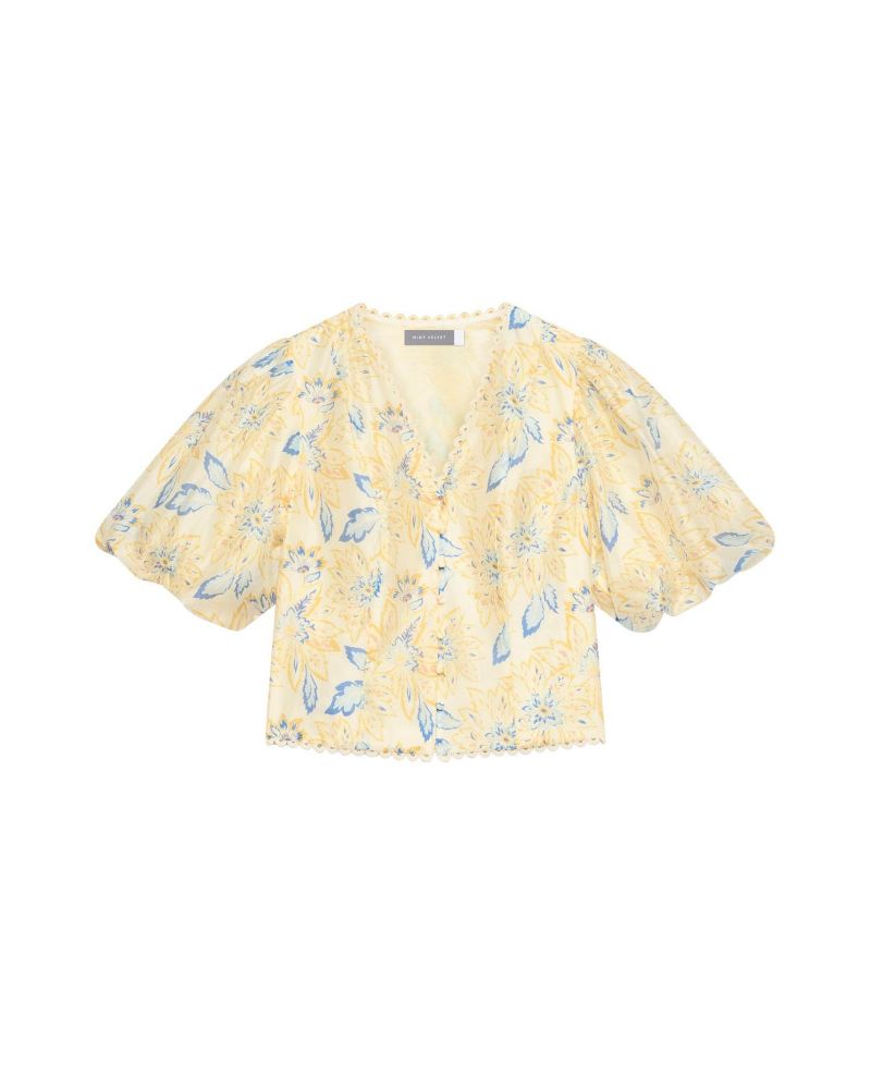 Women's Floral Puff-Sleeve Button-Front Lyocell-Blend Blouse