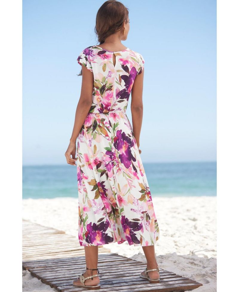 Women's Viscose Printed Flutter Sleeve A-Line Elastic-Waist Midi Dress