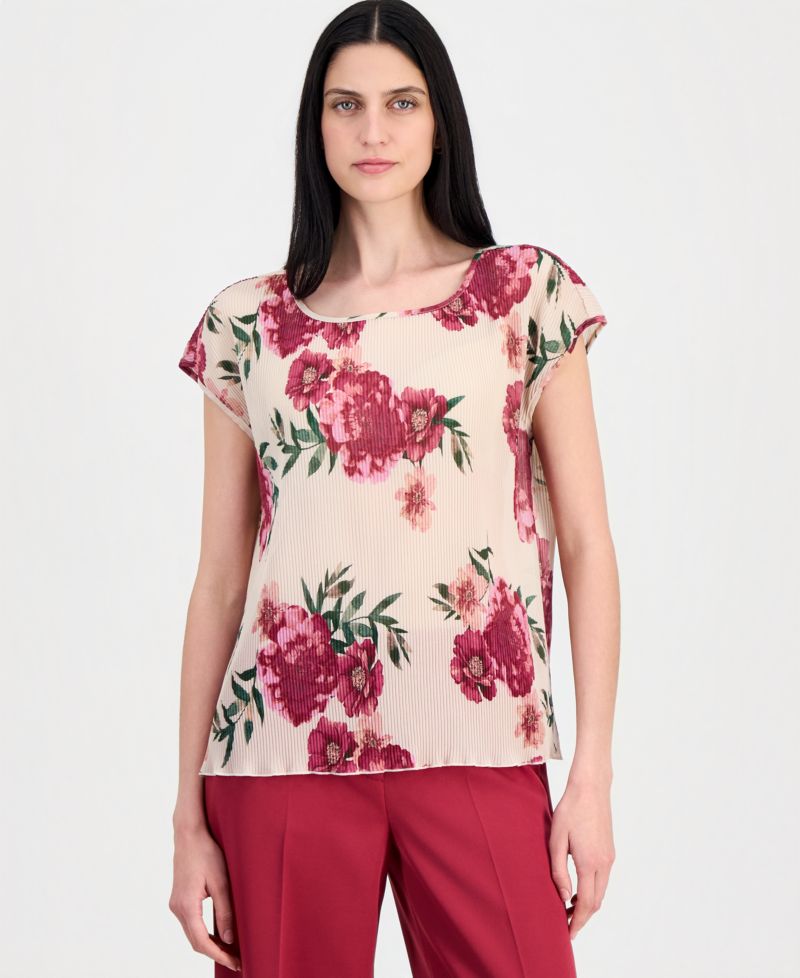 Women's Pleated Floral Boat-Neck Top