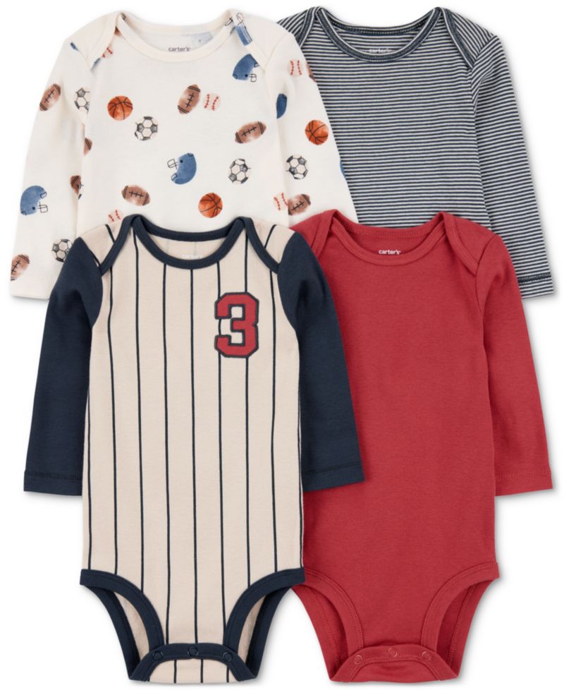 Baby Boys Cotton Sports Jersey Long-Sleeve Bodysuits, 4 Pack