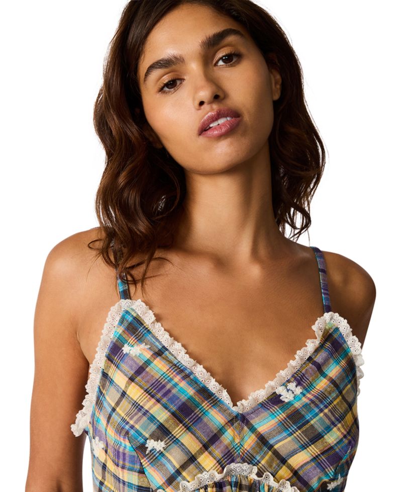 Women's Bryna Sleeveless Embroidered Plaid Peplum Top