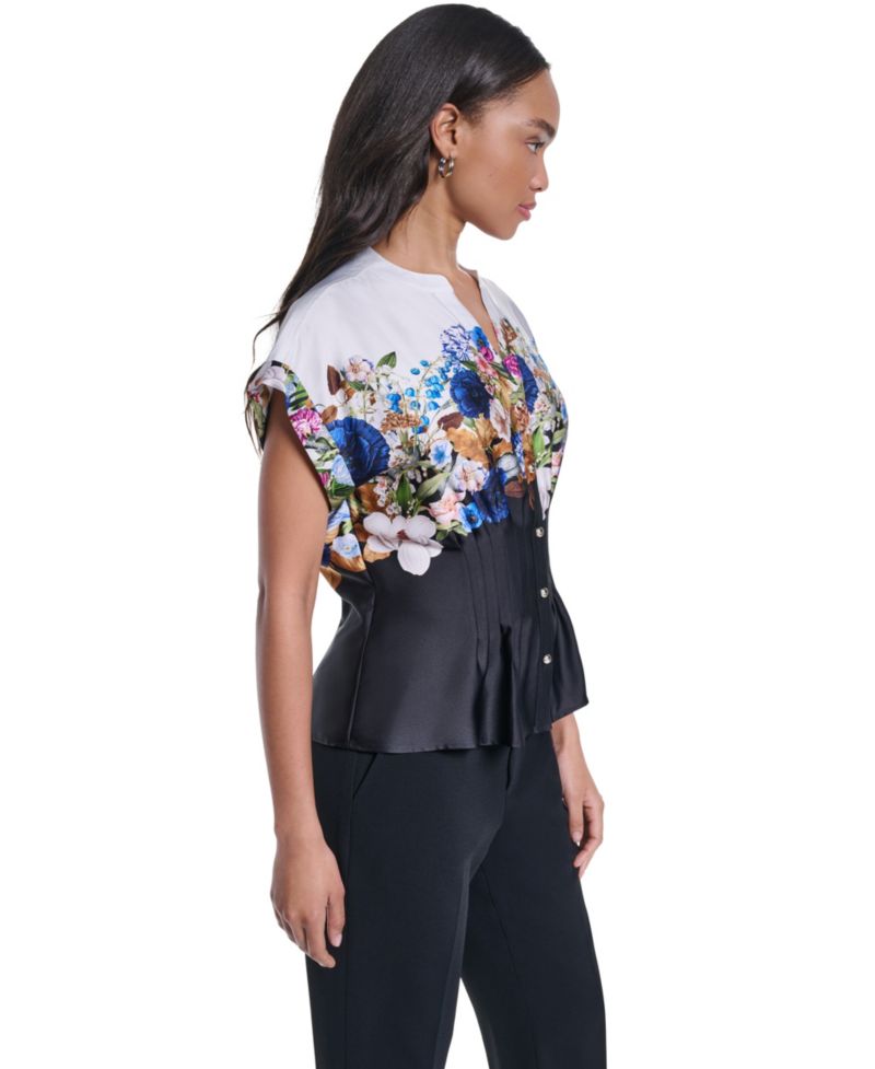 Women's Floral Pleated Button-Front Blouse
