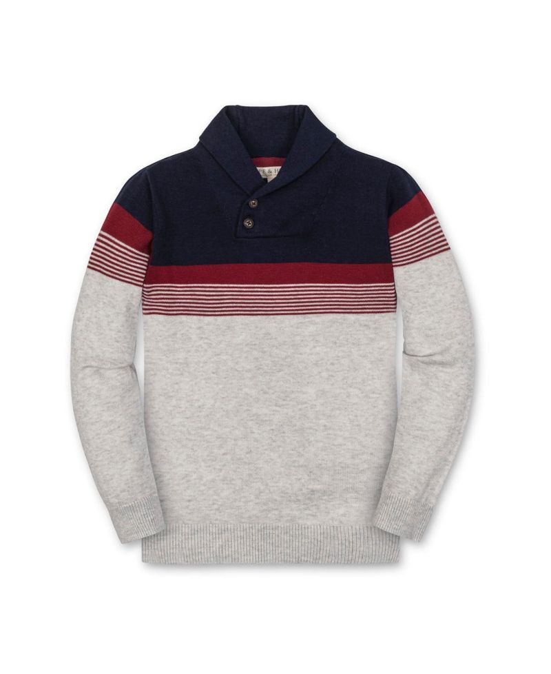Hope and Henry Little and Big Boys' Organic Long Sleeve Shawl Collar Cable Sweater with Elbow Patches