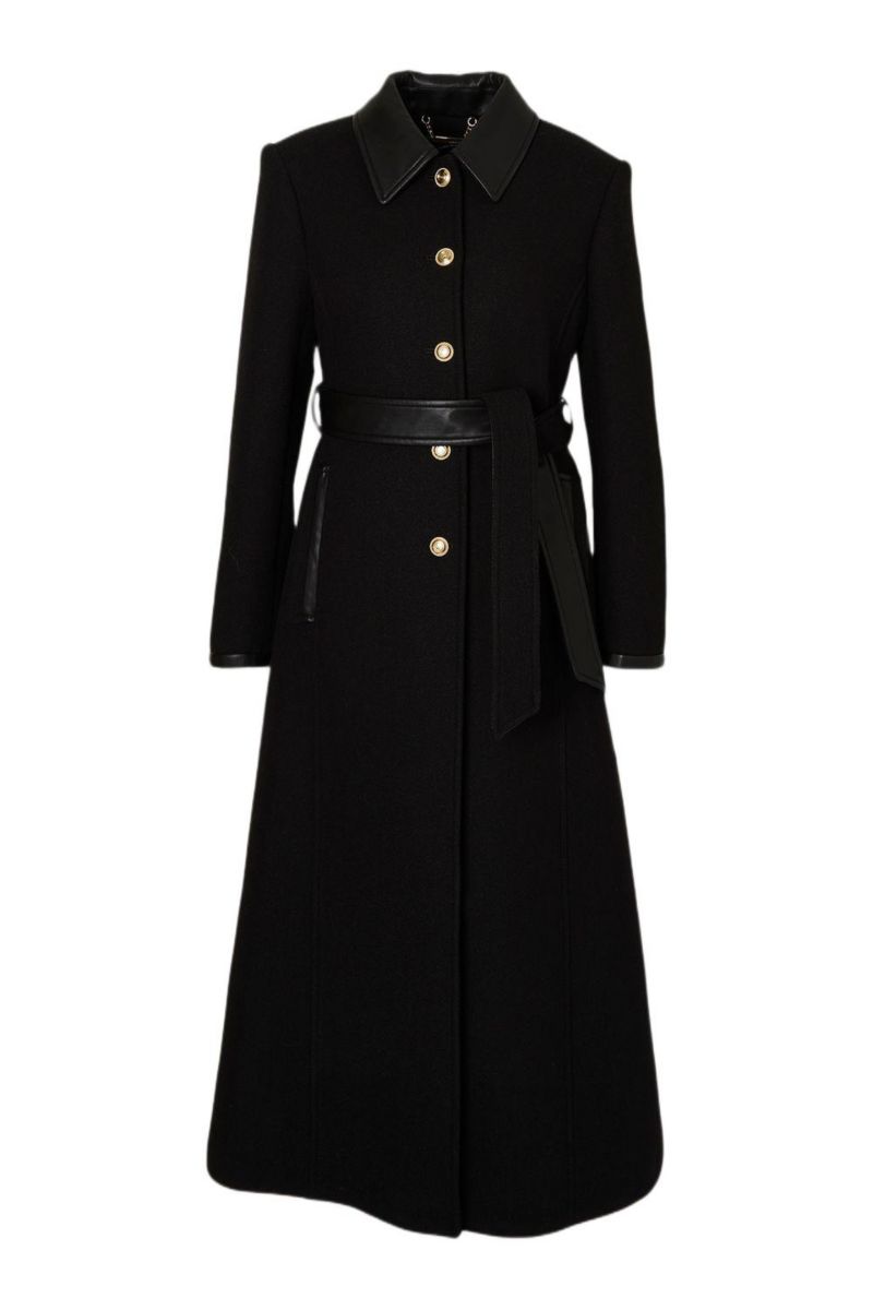 Women's Wool Pu Mix Belted Tailored Maxi Coat