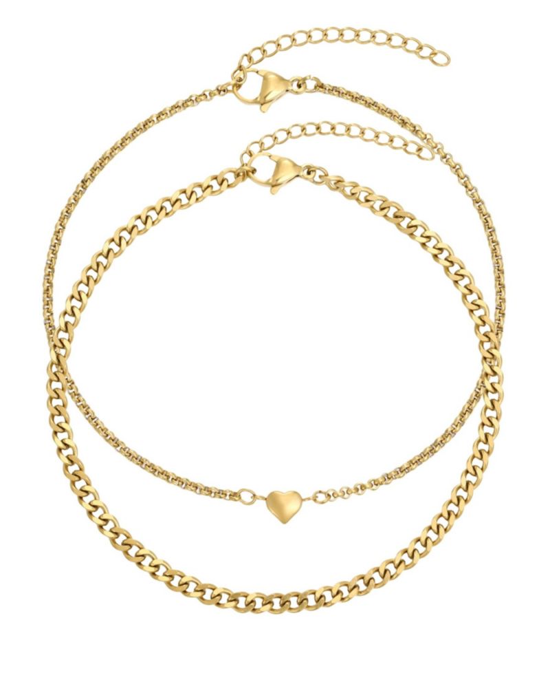 Tarnish Resistant Gold Set of 2 Heart and Curb Chain Anklet Set