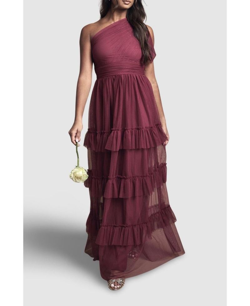 Women's Pleated One Shoulder Tiered Maxi Dress