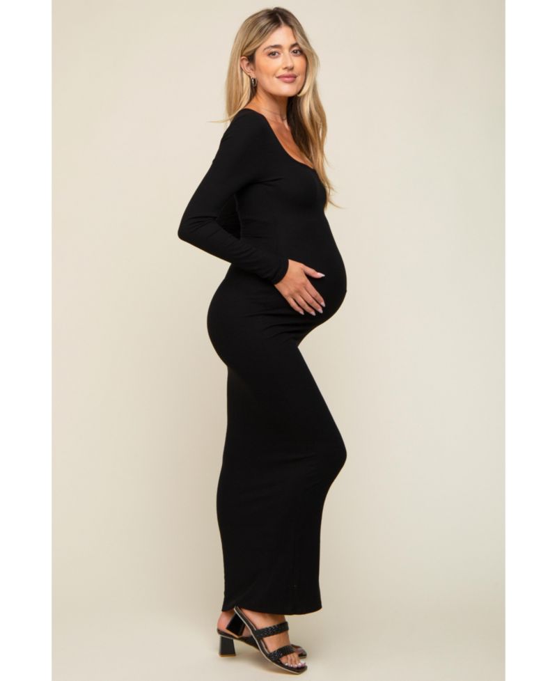 Women's Black Ribbed Long Sleeve Square Neck Maxi Dress