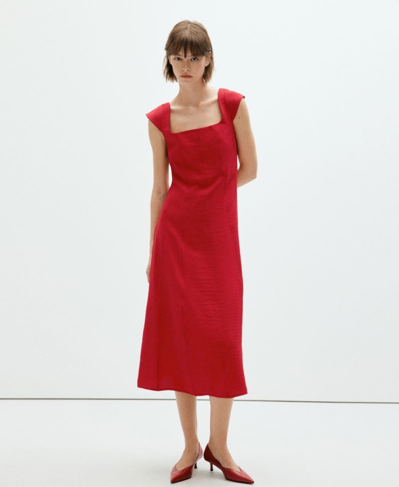 Women's Bow Back Square Neck Viscose-Blend A-Line Midi Dress