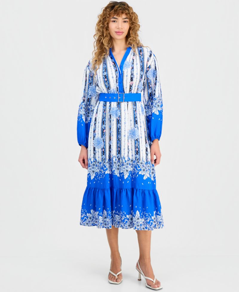 Women's Floral Belted Half-Placket Dress