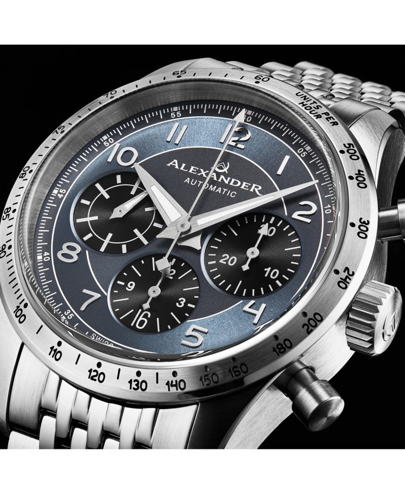 Megalos Men's Swiss Automatic Chronograph 43mm Silver Tone Stainless Steel Case Blue Dial Sapphire Crystal 100M Water Resistant