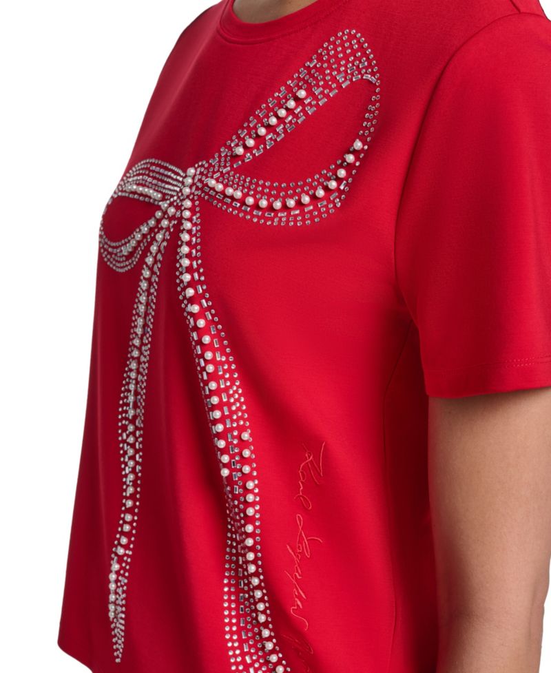 Women's Crystal Bow Rhinestone Short-Sleeve Top