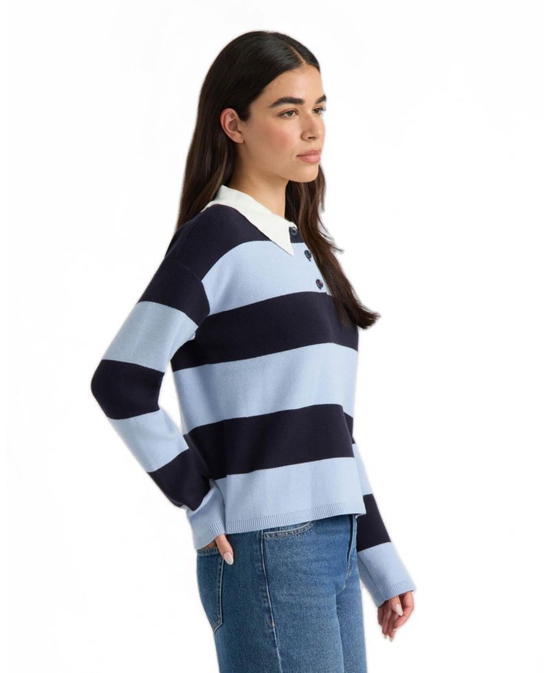Women's Long-Sleeve Ruffled Polo Collar Rugby-Stripe Sweater