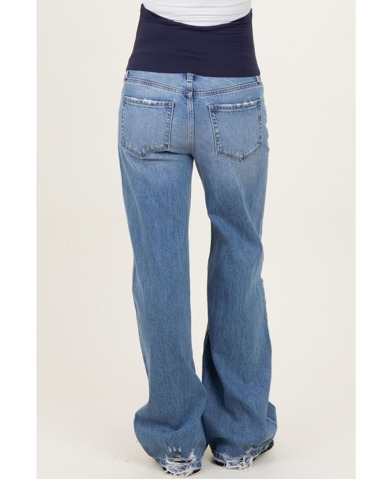 Maternity Wide-Leg High-Rise Distressed Denim Jeans