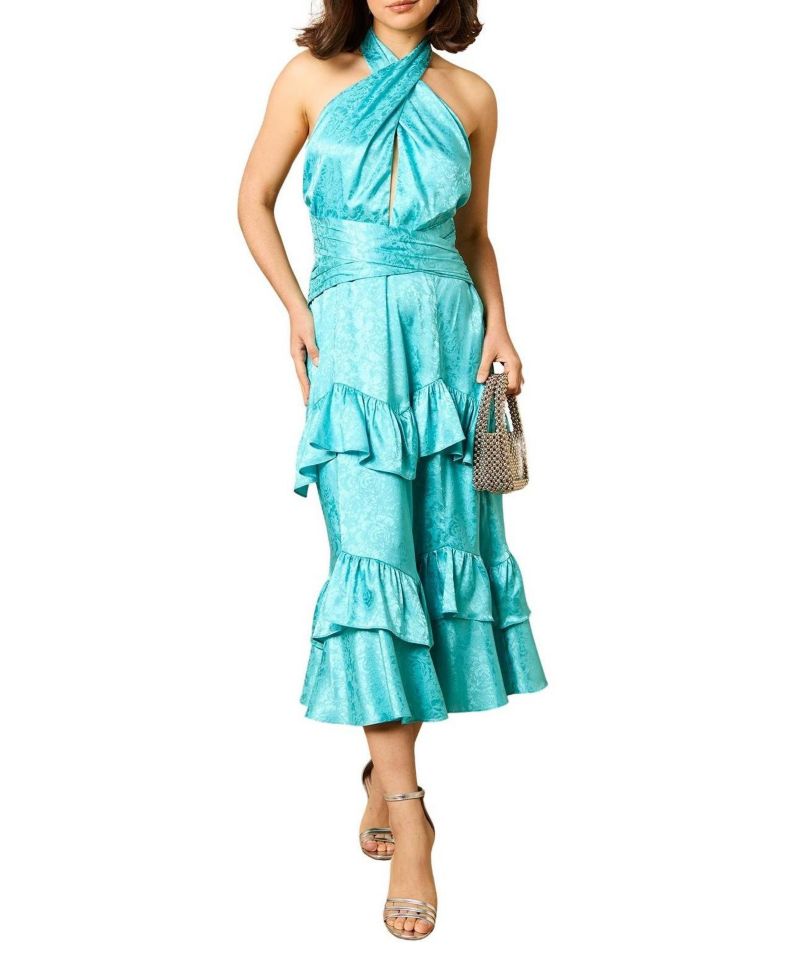 Women's Halterneck Satin Jacquard Midi Dress