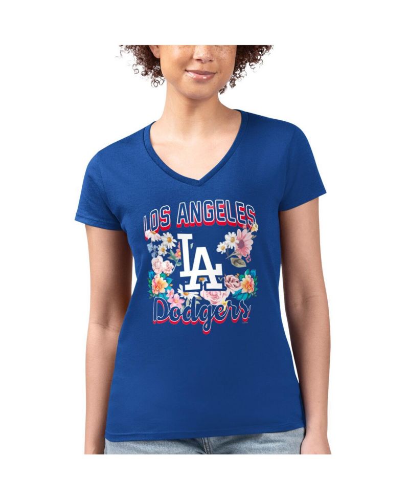 Women's Royal Los Angeles Dodgers Flowers Graphic Fitted V-Neck T-Shirt