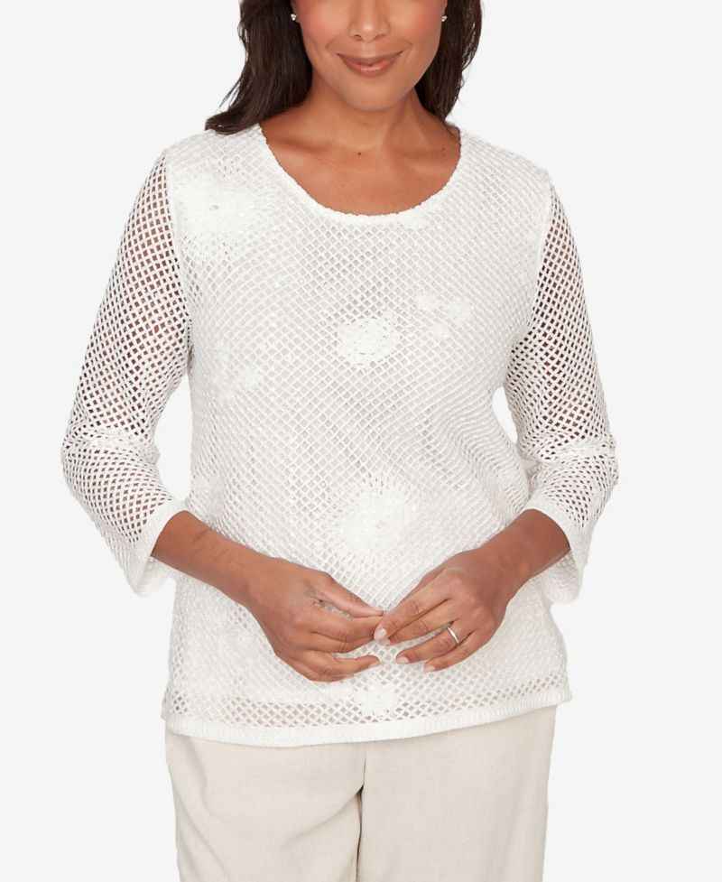 Petite Natural Wonder Sequin Mesh Flower Top