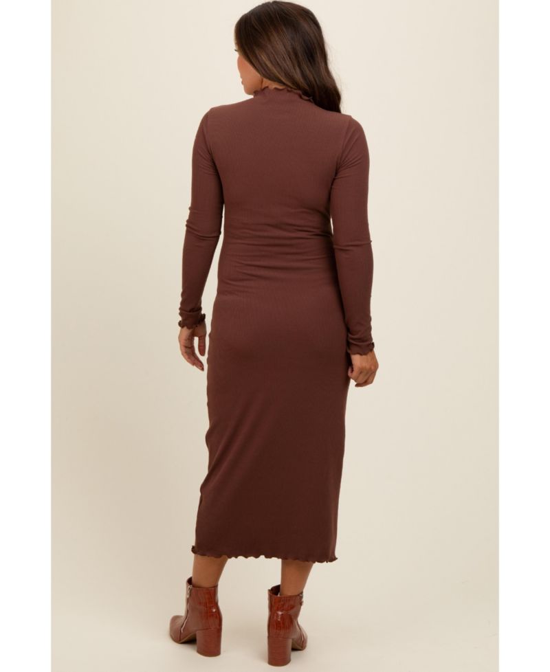 Women's Brown Ruffle Mock Neck Long Sleeve Midi Dress