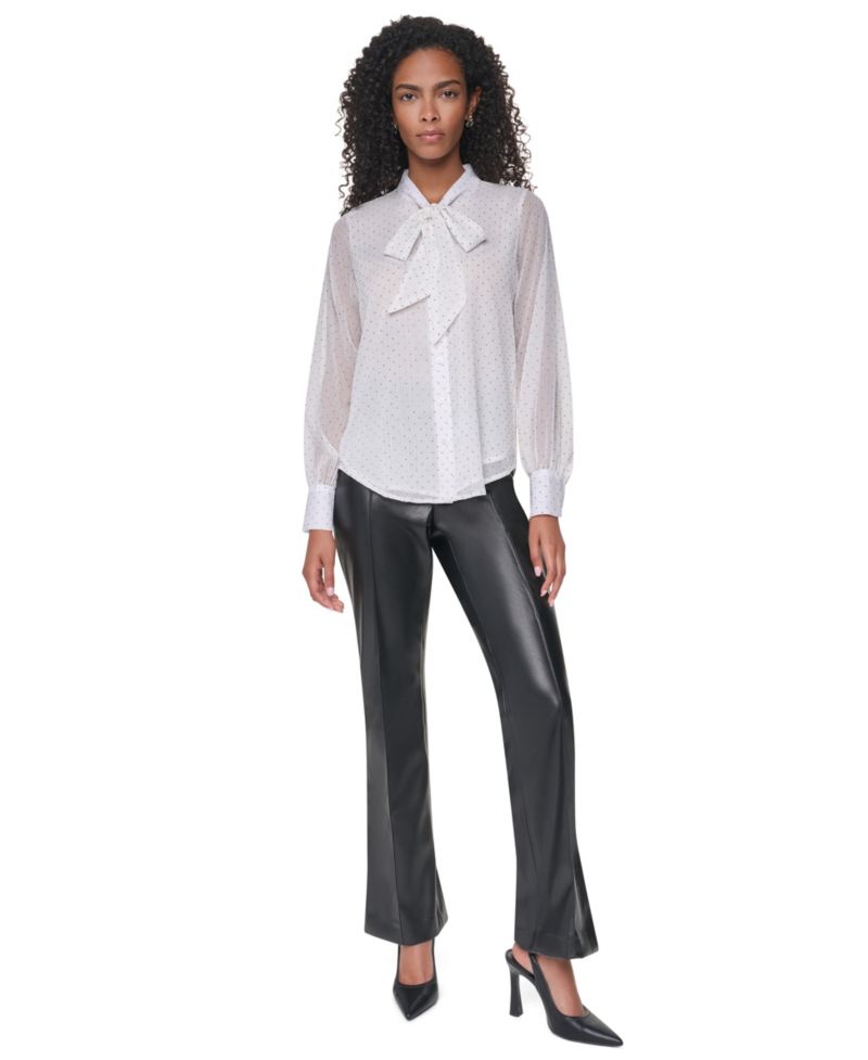 Petite Long-Sleeve Tie-Neck Button-Up Blouse