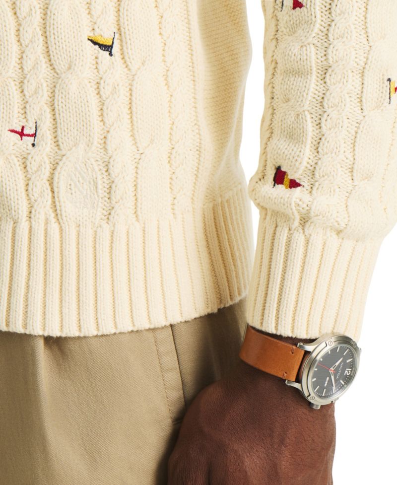 Men's Crewneck Embroidered Nautical Flag Cable Sweater
