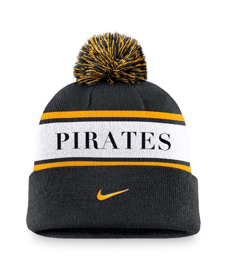 Men's Black Pittsburgh Pirates Team Stripe Peak Cuffed Knit Hat with Pom