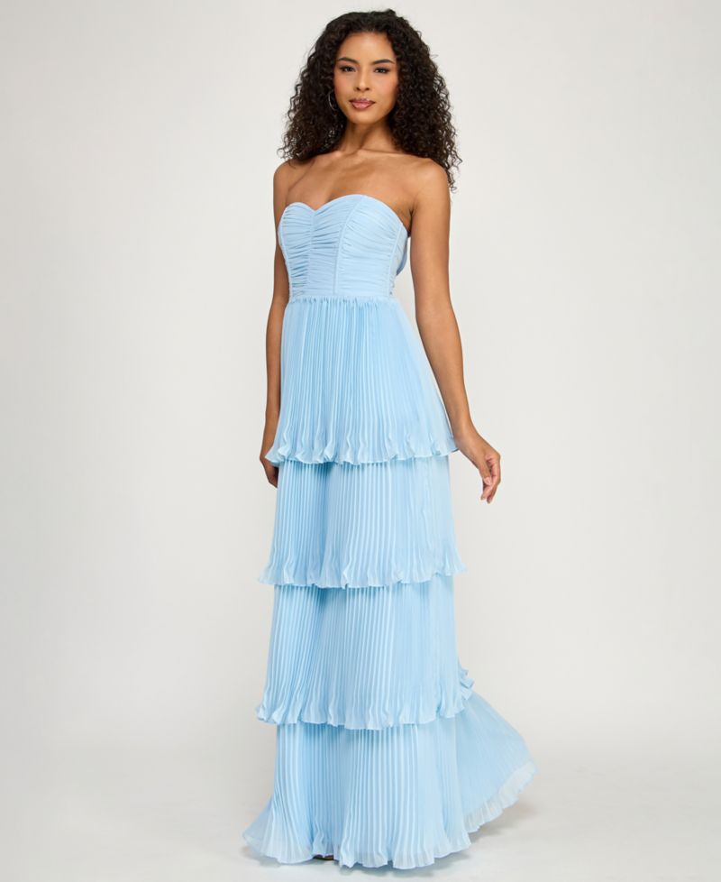 Juniors' Pleated Tiered Strapless Gown