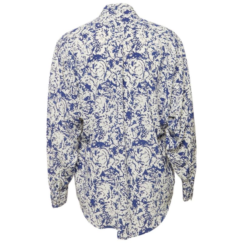 Women's White/blue Printed Silk Button Front Cade Top