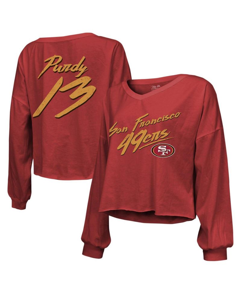 Women's Threads Brock Purdy Scarlet Distressed San Francisco 49ers Name and Number Script Off-Shoulder Cropped Long Sleeve T-shirt