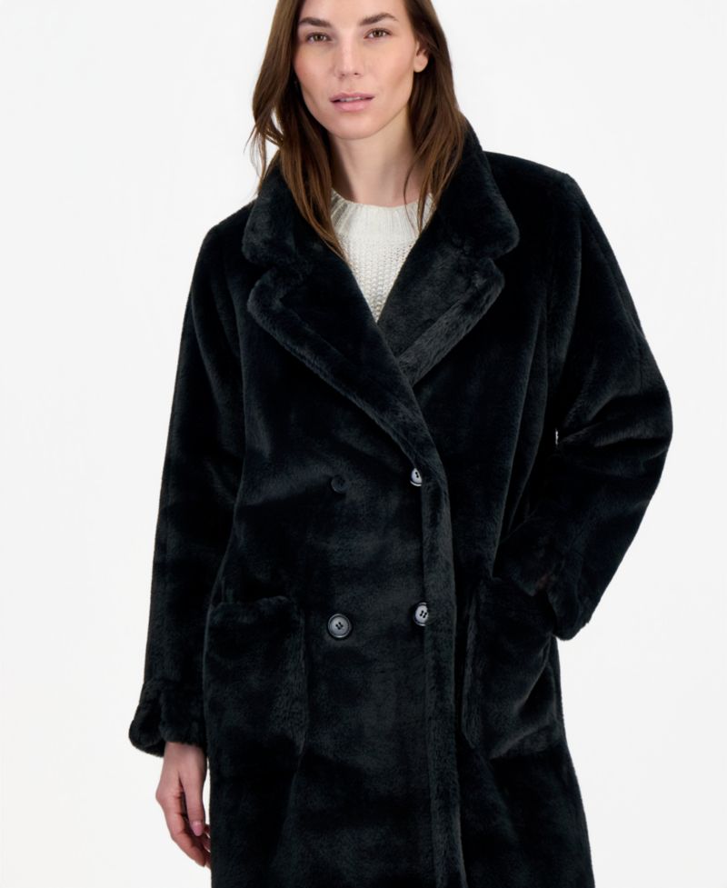 Juniors' Faux-Fur Double-Breasted Coat