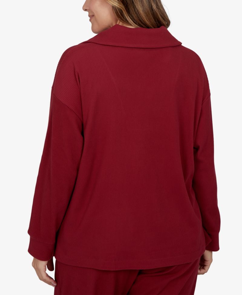 Plus Size Collared Long-Sleeve Ribbed Top