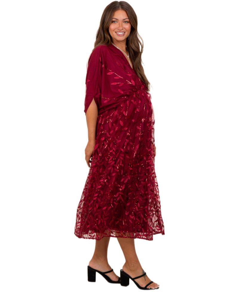 Women's Pinkblus Burgundy Embroidered Tulle Dolman V-Neck Midi Dress