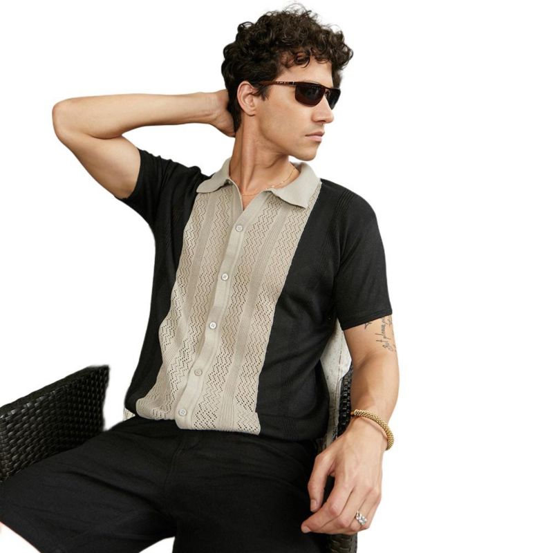 Men's Sand Beige & Onyx Black Block-Knit Slim-Fit Shirt