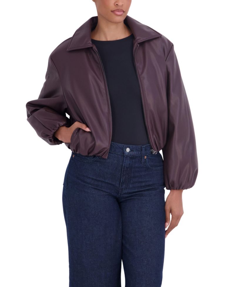 Women's Bubble Hem Bomber Faux Leather Coat