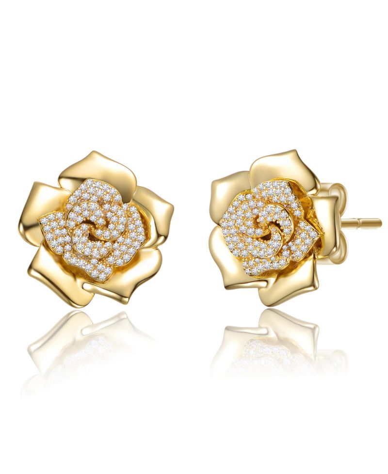 14K Gold Plated CZ Big Heavy Flower Statement Earrings