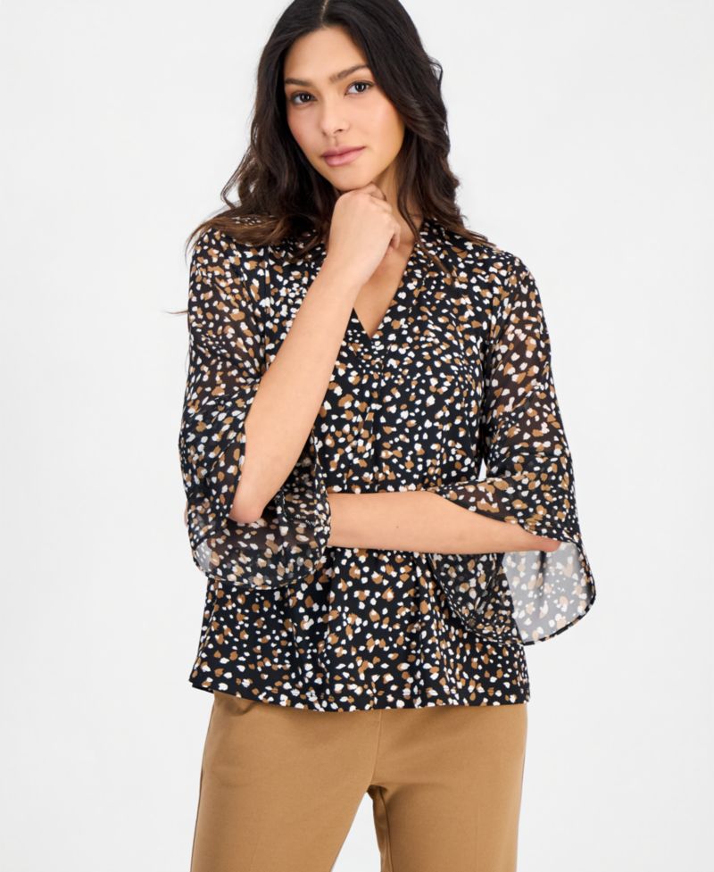 Petite Printed 3/4-Bell-Sleeve Split-Neck Top