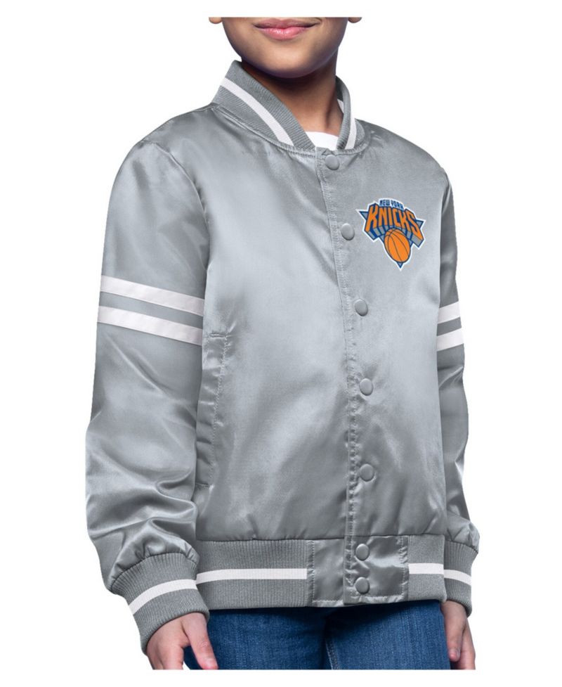 Big Boys and Girls Starter Gray New York Knicks Printed Logo Varsity Satin Full-Snap Jacket