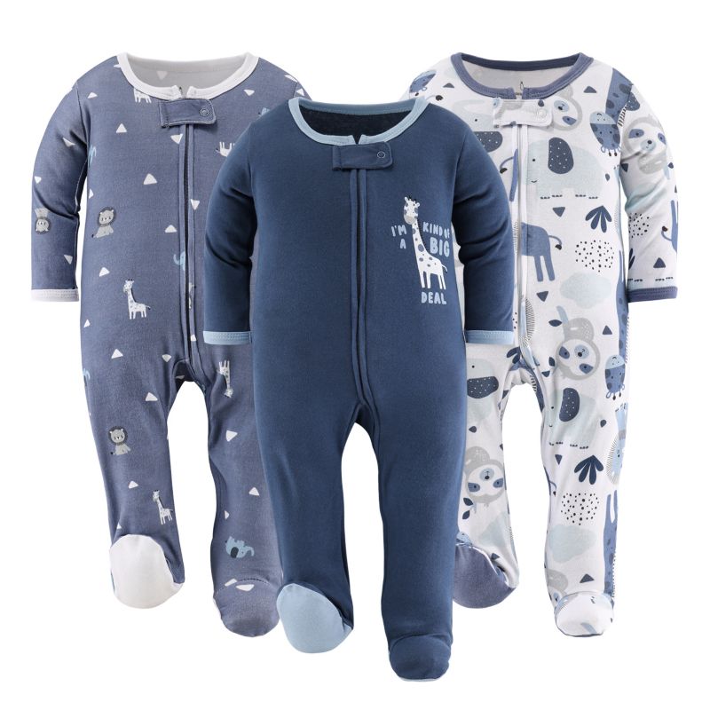 Baby Boys Blue Safari Footed Sleepers for Boys, 3 Pack