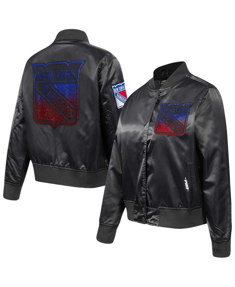 Women's Black New York Rangers Rhinestone Jewels Satin Full-Snap Jacket