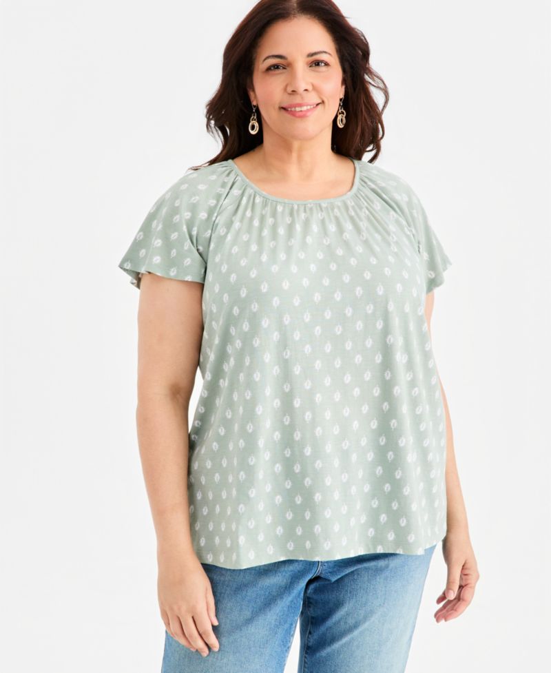 Plus Size Printed Scoop-Neck Flutter-Sleeve Top