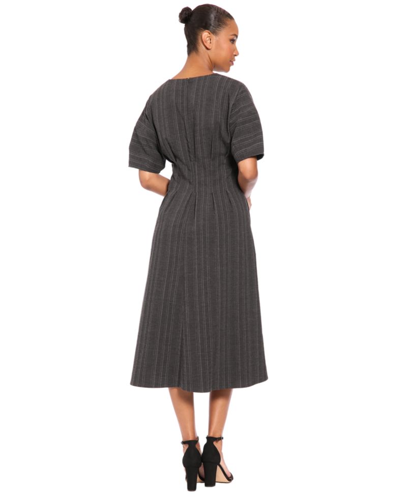 Women's 3/4 Puff-Sleeve V-Neck Striped Fit-and-Flare Midi Dress