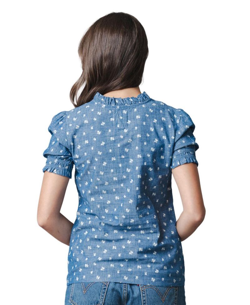 Women's Chambray Puff-Sleeve Floral-Print Blouse