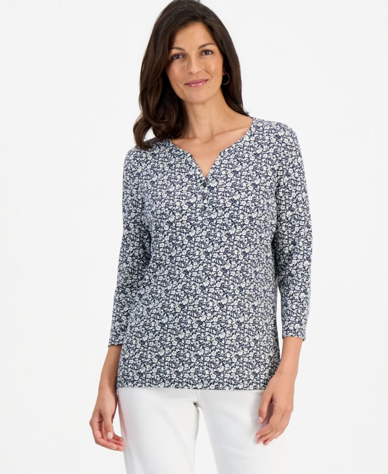 Women's Printed 3/4 Sleeve Henley Top