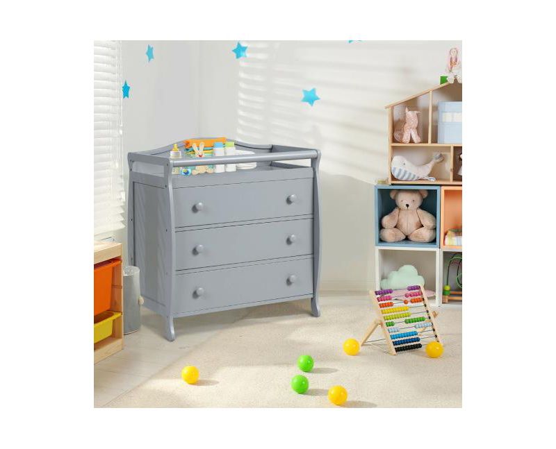 3-Drawer Dresser Changing Table with Safety Belt Guardrails-Grey