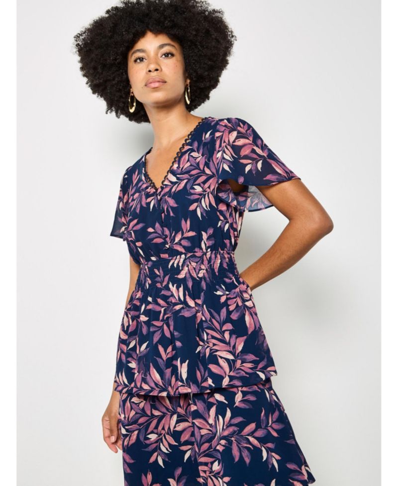Women's Tiered Leaf Print Short-Sleeve Dress